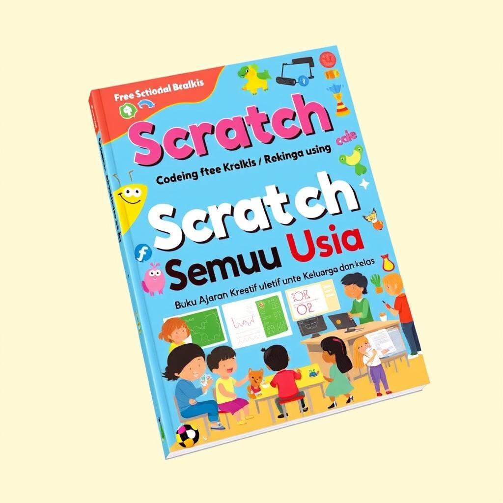 A vibrant and creative book cover for 'Scratch untuk Semua Usia: Buku Ajaran Kreatif untuk Keluarga dan Kelas'