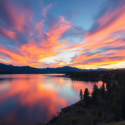 A serene landscape featuring a beautiful sunset over a calm lake with mountains in the background and trees along the shore