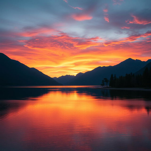 A serene landscape featuring a beautiful sunset over a calm lake with mountains in the background and trees along the shore