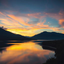 A serene landscape featuring a beautiful sunset over a calm lake with mountains in the background and trees along the shore