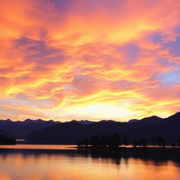A serene landscape featuring a beautiful sunset over a calm lake with mountains in the background and trees along the shore