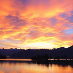 A serene landscape featuring a beautiful sunset over a calm lake with mountains in the background and trees along the shore