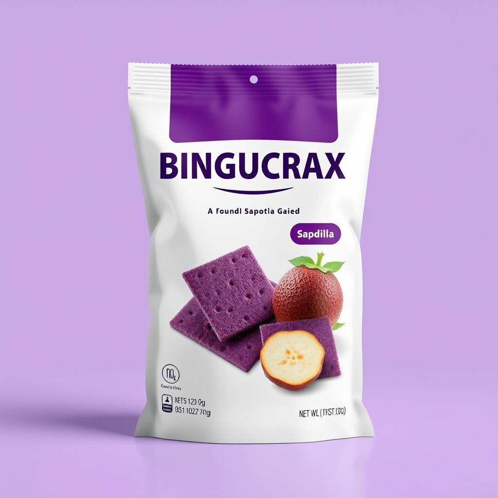 Create a product packaging design for the brand BINGUCRAX with a purple or white background