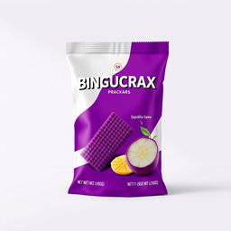 Create a product packaging design for the brand BINGUCRAX with a purple or white background