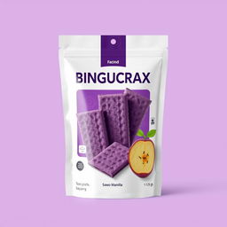 Create a product packaging design for the brand BINGUCRAX with a purple or white background