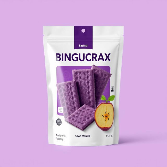 Create a product packaging design for the brand BINGUCRAX with a purple or white background