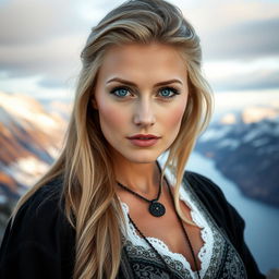 A portrait of an attractive Nordic woman with a sensual sight