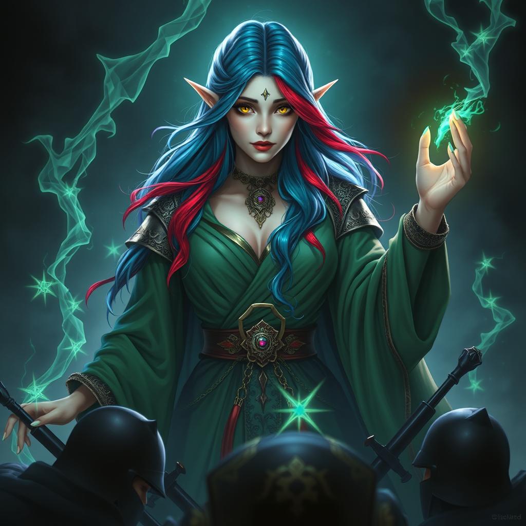 Depict a mystical high-elf sorceress exuding power and allure