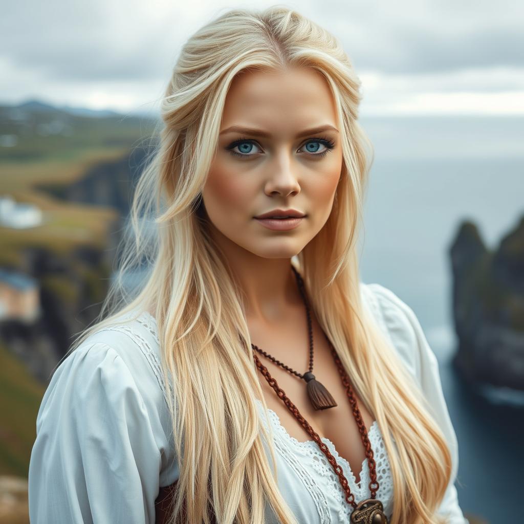 A portrait of an attractive Nordic woman from the Faroe Islands with a sensual sight