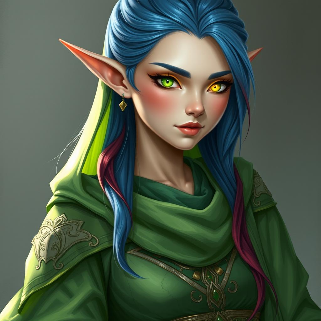 Show a high-elf sorceress wearing green robes over concubine harem dancer attire