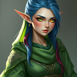 Show a high-elf sorceress wearing green robes over concubine harem dancer attire