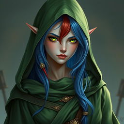 Show a high-elf sorceress wearing green robes over concubine harem dancer attire