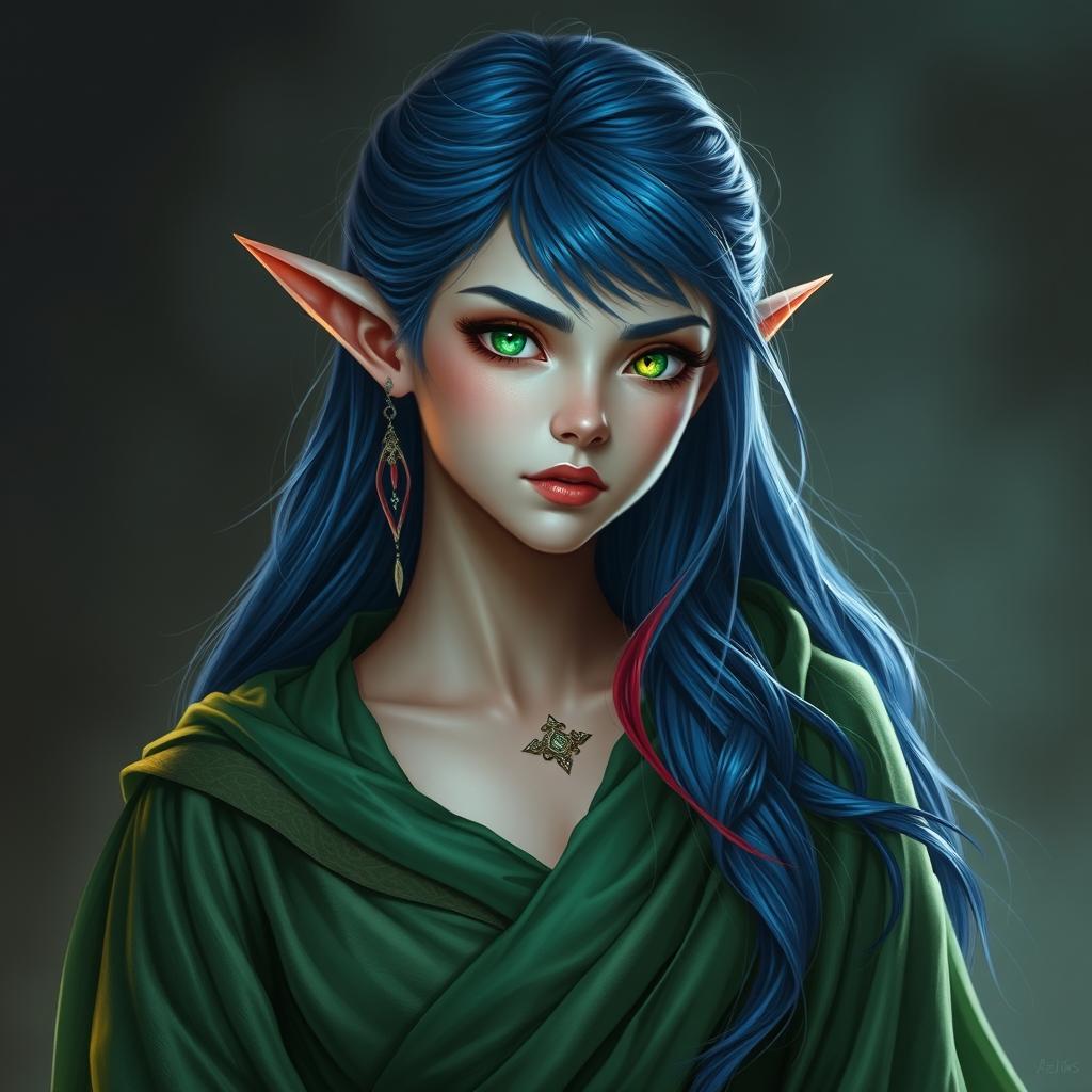 Show a high-elf sorceress wearing green robes over concubine harem dancer attire