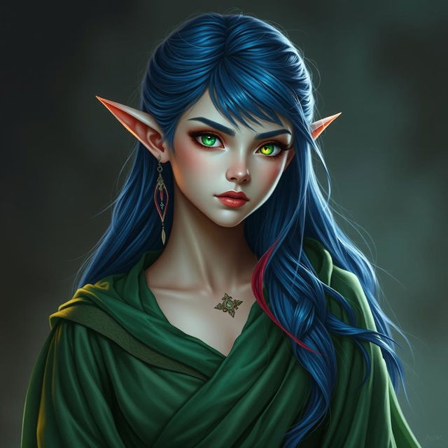 Show a high-elf sorceress wearing green robes over concubine harem dancer attire