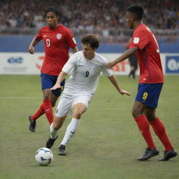 A pitch-side view featuring honorable soccer players respectfully competing in a match, with their sportsmanship and discipline clearly depicted.