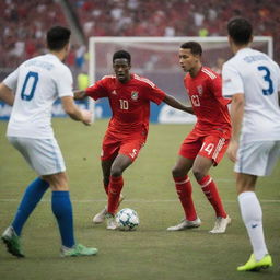 A pitch-side view featuring honorable soccer players respectfully competing in a match, with their sportsmanship and discipline clearly depicted.