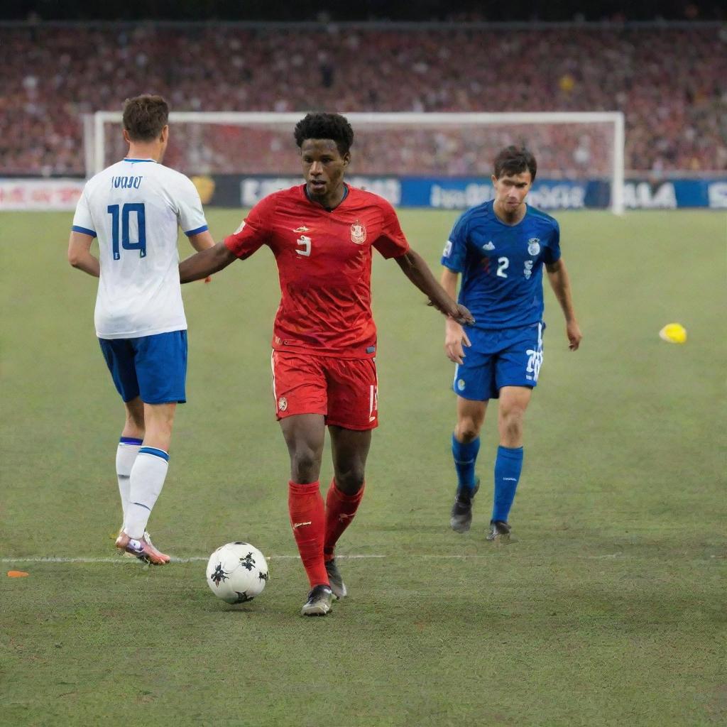 A pitch-side view featuring honorable soccer players respectfully competing in a match, with their sportsmanship and discipline clearly depicted.