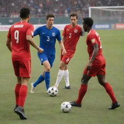 A pitch-side view featuring honorable soccer players respectfully competing in a match, with their sportsmanship and discipline clearly depicted.