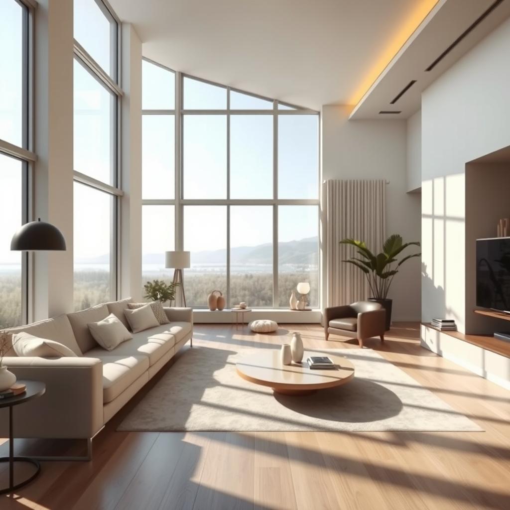 A beautifully designed modern interior living room with minimalist furniture, large windows allowing natural light to flood in, and a cozy ambiance