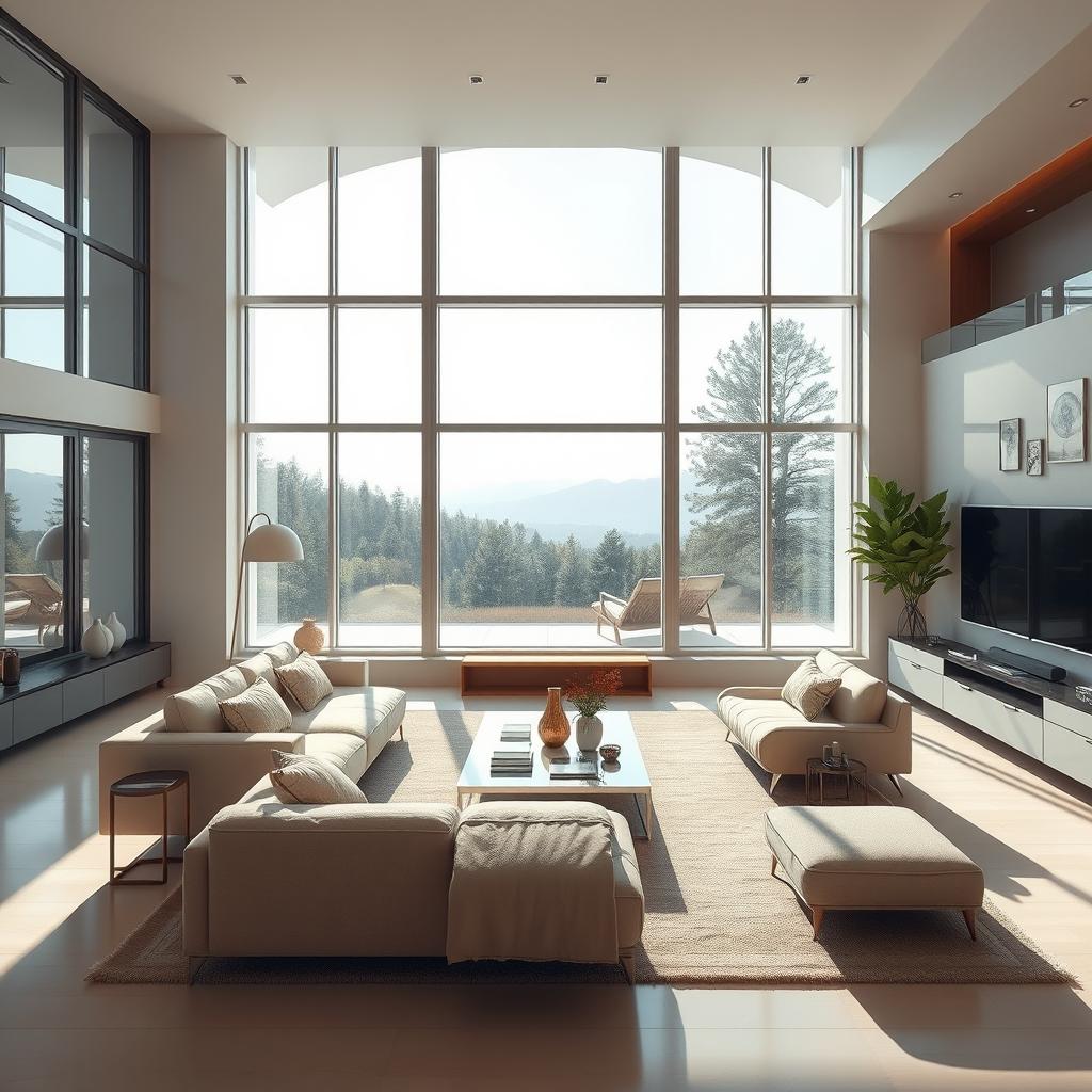 A beautifully designed modern interior living room with minimalist furniture, large windows allowing natural light to flood in, and a cozy ambiance