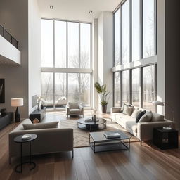 A beautifully designed modern interior living room with minimalist furniture, large windows allowing natural light to flood in, and a cozy ambiance