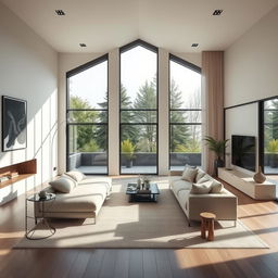 A beautifully designed modern interior living room with minimalist furniture, large windows allowing natural light to flood in, and a cozy ambiance