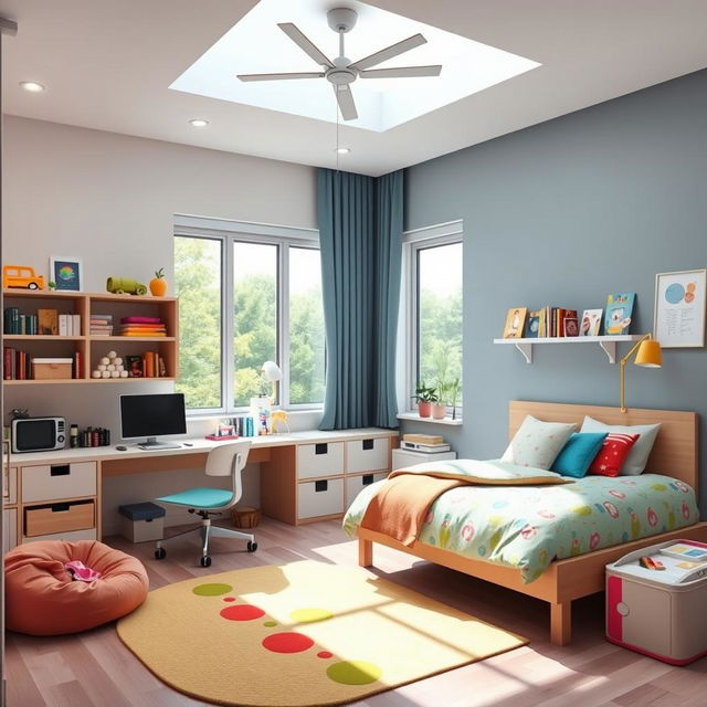 A modern bedroom designed for a kid, featuring a cozy bed with colorful bedding, a study desk with a computer, shelves filled with toys and books, and bright, cheerful decor