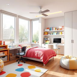 A modern bedroom designed for a kid, featuring a cozy bed with colorful bedding, a study desk with a computer, shelves filled with toys and books, and bright, cheerful decor