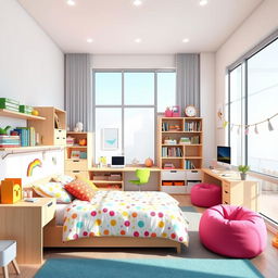 A modern bedroom designed for a kid, featuring a cozy bed with colorful bedding, a study desk with a computer, shelves filled with toys and books, and bright, cheerful decor