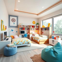 A modern bedroom designed for a kid, featuring a cozy bed with colorful bedding, a study desk with a computer, shelves filled with toys and books, and bright, cheerful decor