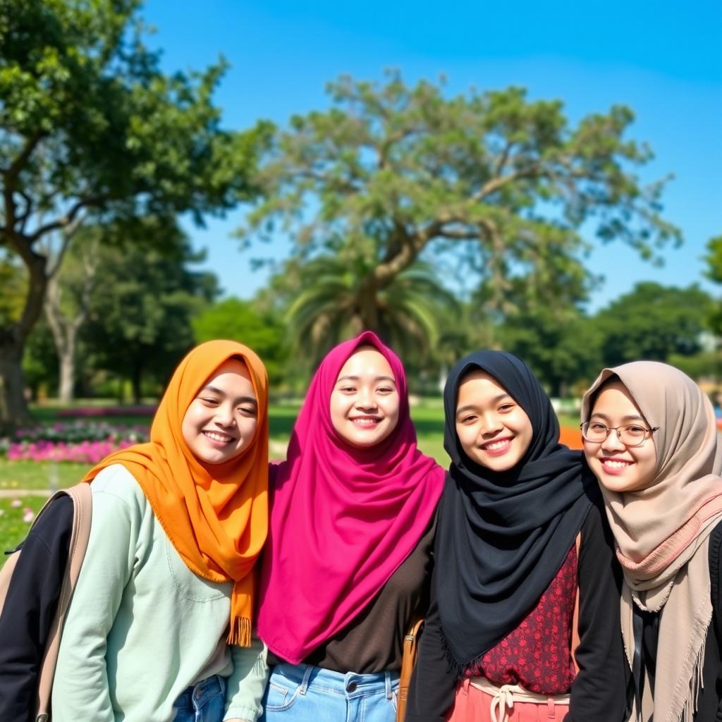 A group of girls wearing hijabs, smiling and enjoying their time together in a park