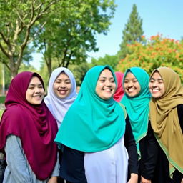 A group of girls wearing hijabs, smiling and enjoying their time together in a park