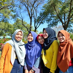 A group of girls wearing hijabs, smiling and enjoying their time together in a park