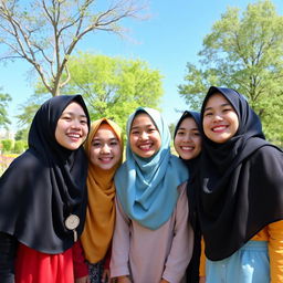 A group of girls wearing hijabs, smiling and enjoying their time together in a park