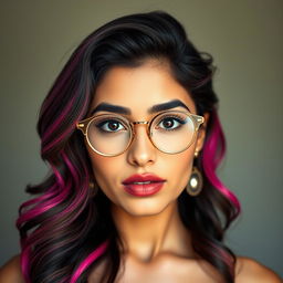 A full-body view of a Pakistani woman with almond eyes, round glasses, full and well-defined lips with a pronounced cupid bow, and a straight nose with a well-defined balanced shape