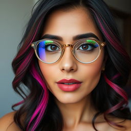 A full-body view of a Pakistani woman with almond eyes, round glasses, full and well-defined lips with a pronounced cupid bow, and a straight nose with a well-defined balanced shape