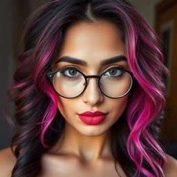 A full-body view of a Pakistani woman with almond eyes, round glasses, full and well-defined lips with a pronounced cupid bow, and a straight nose with a well-defined balanced shape