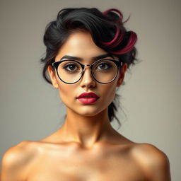 A full-body view of a Pakistani woman with almond eyes, round glasses, full and well-defined lips with a pronounced cupid bow, and a straight nose with a well-defined balanced shape