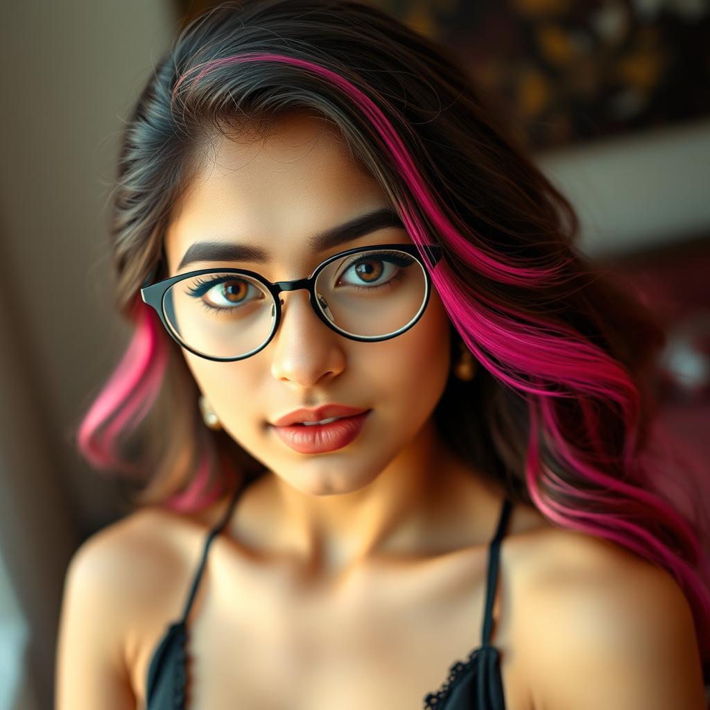 A full-body view of a Pakistani girl with almond eyes, round glasses, full and well-defined lips with a pronounced cupid bow, and a straight nose with a well-defined balanced shape