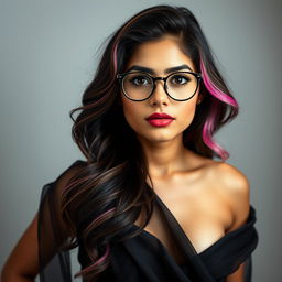 A full-body view of a Pakistani girl with almond eyes, round glasses, full and well-defined lips with a pronounced cupid bow, and a straight nose with a well-defined balanced shape