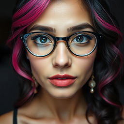 A full-body view of a Pakistani girl with almond eyes, round glasses, full and well-defined lips with a pronounced cupid bow, and a straight nose with a well-defined balanced shape