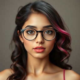 A full-body view of a Pakistani girl with almond eyes, round glasses, full and well-defined lips with a pronounced cupid bow, and a straight nose with a well-defined balanced shape