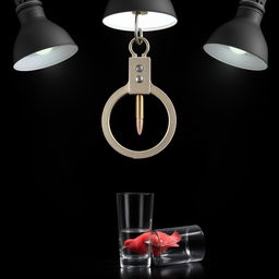 A black background resembling an interrogation room with overhead lamps