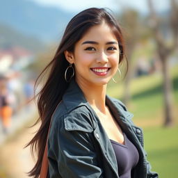 A beautiful young woman with a confident and stylish appearance, wearing trendy clothes and posing in a scenic outdoor location