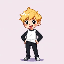 Create a pixel art image of a boy with blond hair, wearing a white and black long sleeve shirt and black jeans