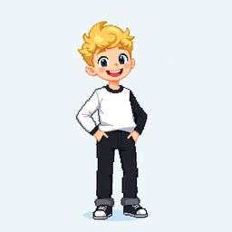 Create a pixel art image of a boy with blond hair, wearing a white and black long sleeve shirt and black jeans