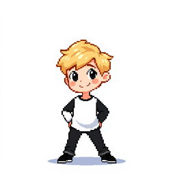 Create a pixel art image of a boy with blond hair, wearing a white and black long sleeve shirt and black jeans