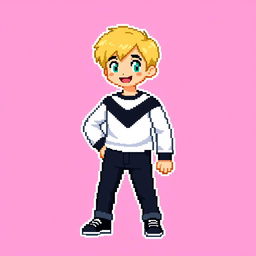 Create a pixel art image of a boy with blond hair, wearing a white and black long sleeve shirt and black jeans