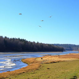 A serene landscape with a clear blue sky, a flowing river, and a forest in the background