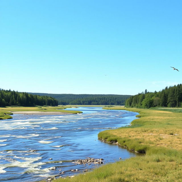 A serene landscape with a clear blue sky, a flowing river, and a forest in the background